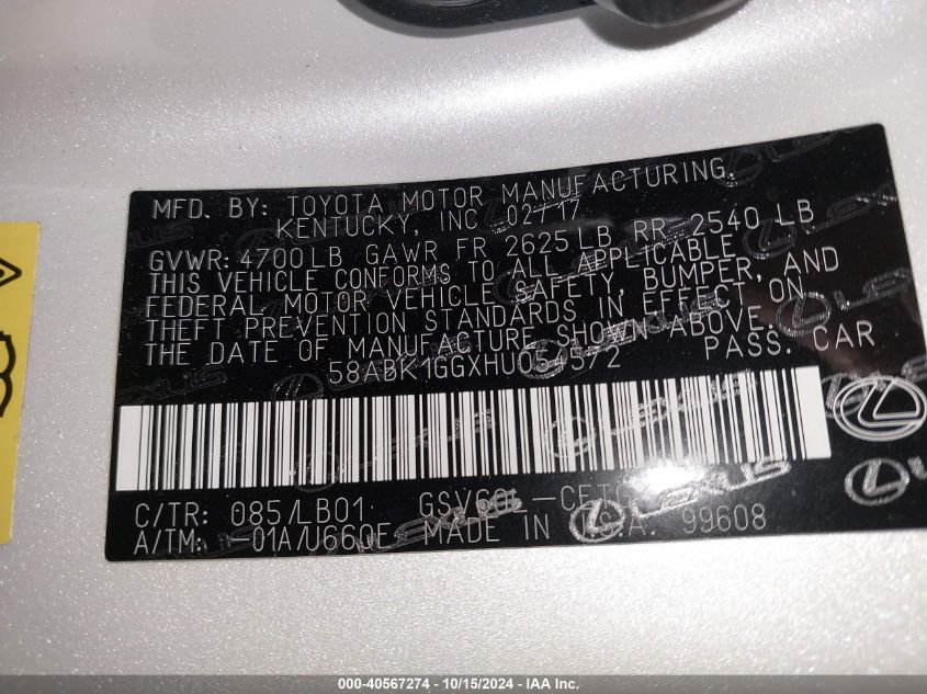 2017 Lexus Es 350 VIN: 58ABK1GGXHU054572 Lot: 40567274