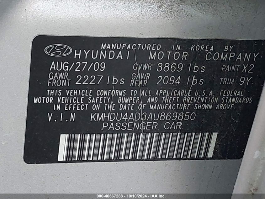 KMHDU4AD3AU869650 2010 Hyundai Elantra Gls