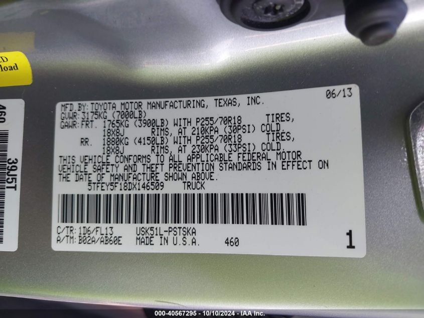 5TFEY5F18DX146509 2013 Toyota Tundra Grade 5.7L V8