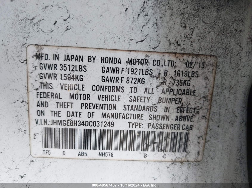 2013 Honda Fit VIN: JHMGE8H34DC031249 Lot: 40567437