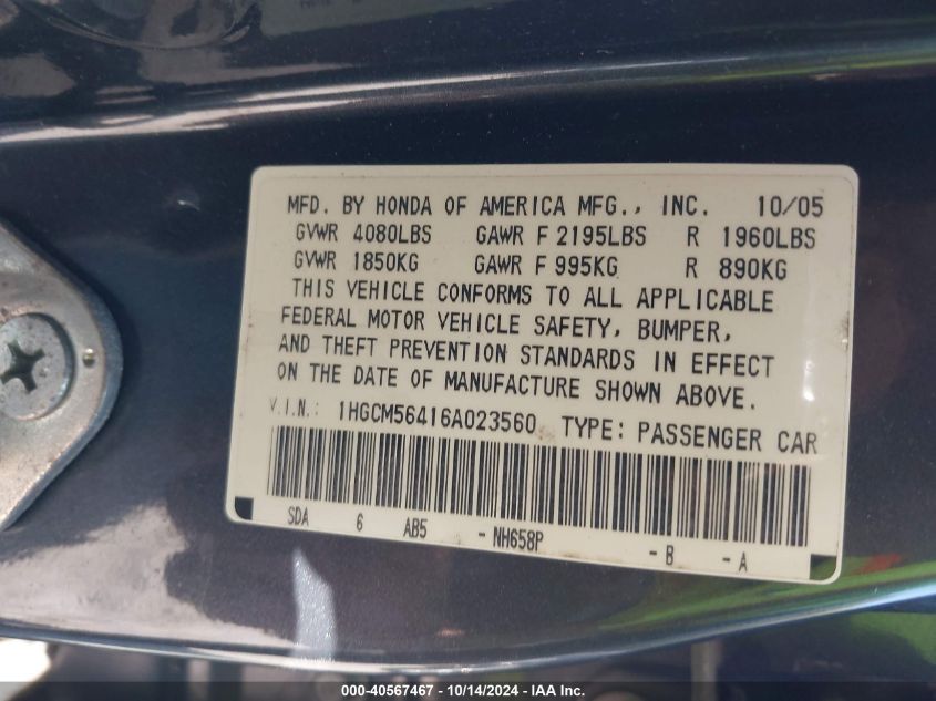 2006 Honda Accord 2.4 Lx VIN: 1HGCM56416A023560 Lot: 40567467
