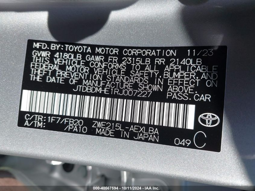 JTDBDMHE1RJ007227 2024 Toyota Corolla Hybrid Le