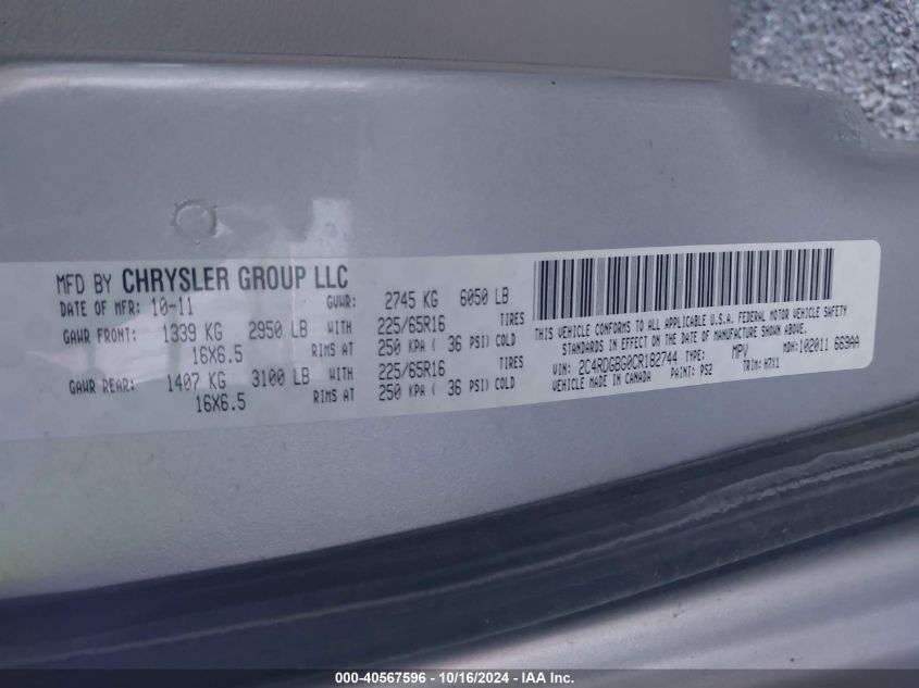 2012 Dodge Grand Caravan Se/Avp VIN: 2C4RDGBG0CR182744 Lot: 40567596