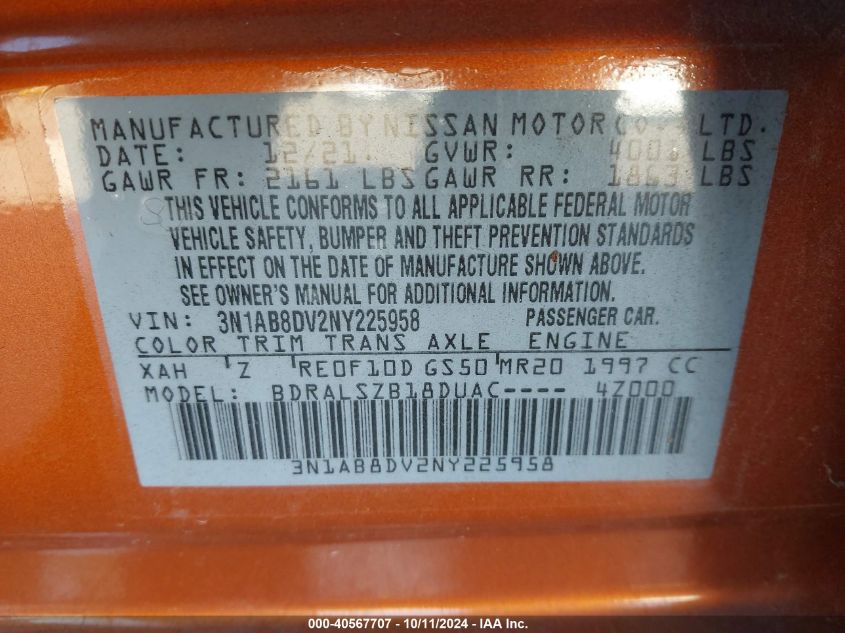 2022 Nissan Sentra Sr Xtronic Cvt VIN: 3N1AB8DV2NY225958 Lot: 40567707