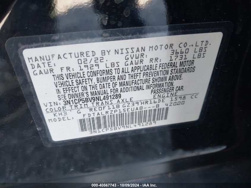 2022 Nissan Kicks S Xtronic Cvt VIN: 3N1CP5BV9NL491289 Lot: 40567743