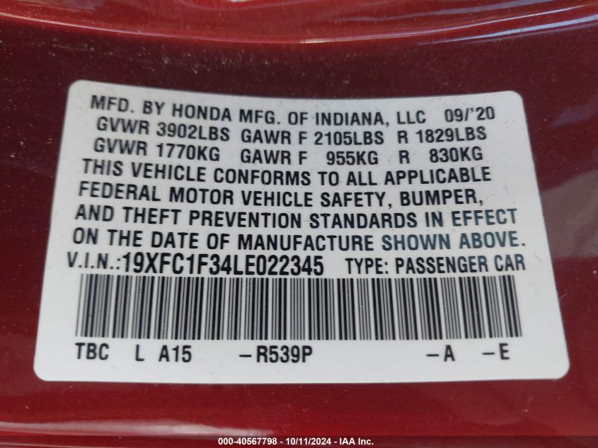 19XFC1F34LE022345 2020 Honda Civic Ex