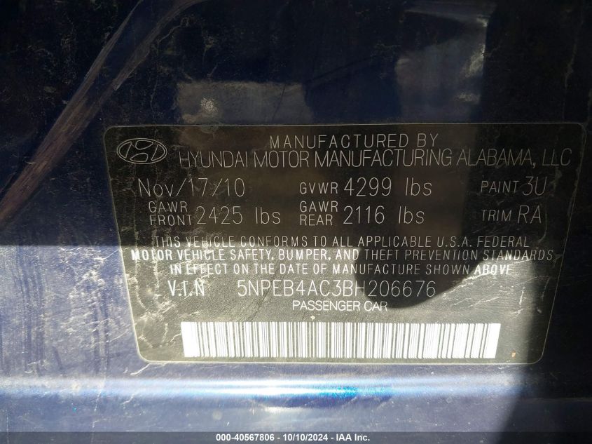 5NPEB4AC3BH206676 2011 Hyundai Sonata Gls