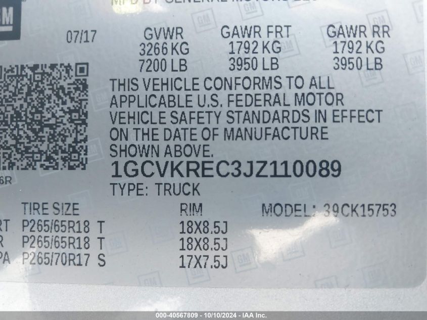 1GCVKREC3JZ110089 2018 Chevrolet Silverado 1500 2Lt