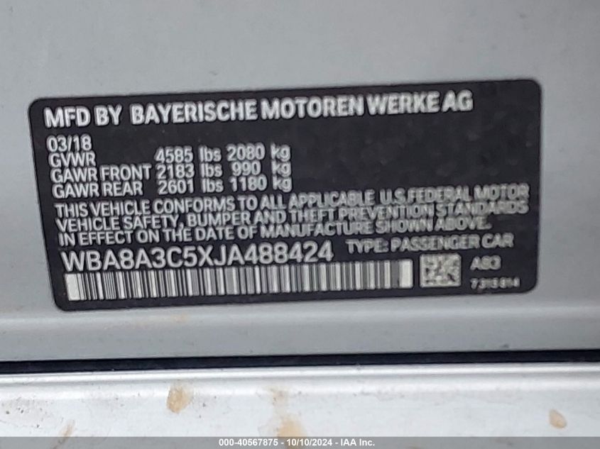 VIN WBA8A3C5XJA488424 2018 BMW 3 Series, 320I Xdrive no.9