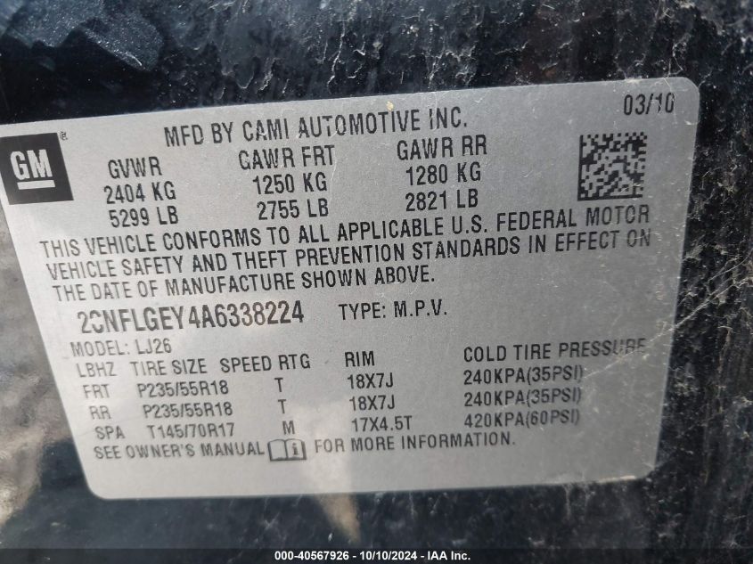 2CNFLGEY4A6338224 2010 Chevrolet Equinox Ltz