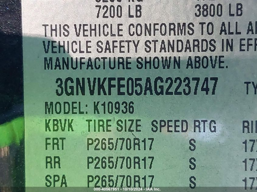 2010 Chevrolet Avalanche 1500 Lt1 VIN: 3GNVKFE05AG223747 Lot: 40567951