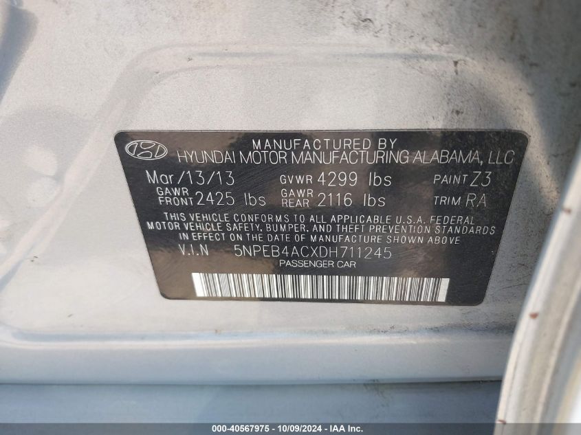 5NPEB4ACXDH711245 2013 Hyundai Sonata Gls