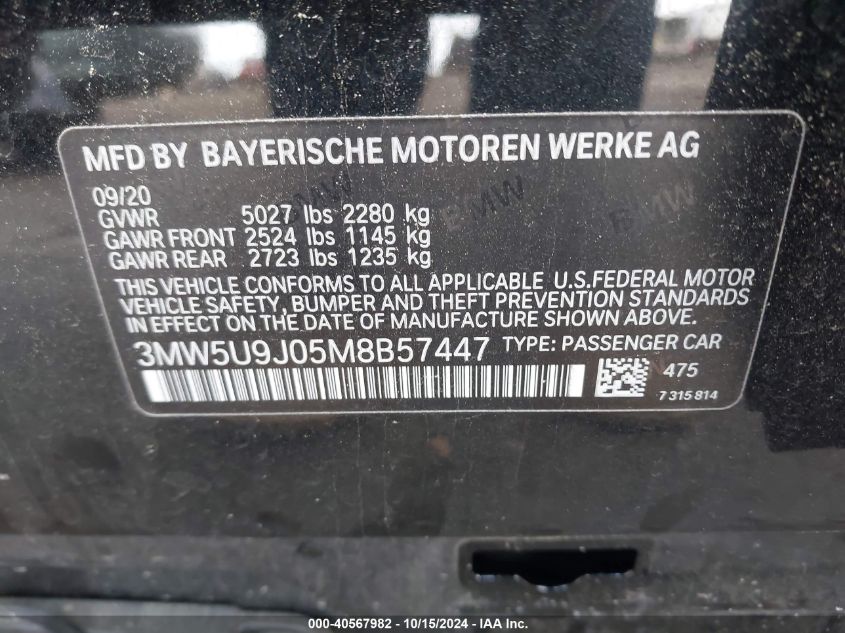 2021 BMW 3 Series M340I xDrive VIN: 3MW5U9J05M8B57447 Lot: 40567982