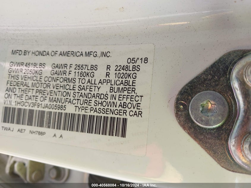 VIN 1HGCV3F91JA005985 2018 HONDA ACCORD HYBRID TOURING