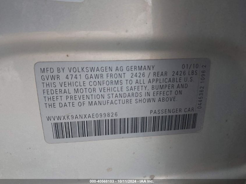 WVWXK9ANXAE099826 2010 Volkswagen Passat Komfort