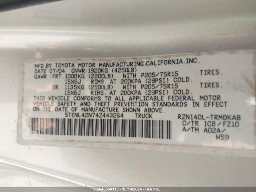 2004 Toyota Tacoma VIN: 5TENL42N74Z443264 Lot: 40568118