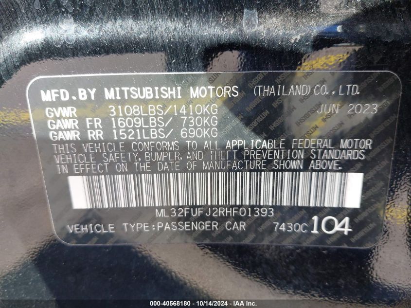 2024 Mitsubishi Mirage G4 Es VIN: ML32FUFJ2RHF01393 Lot: 40568180