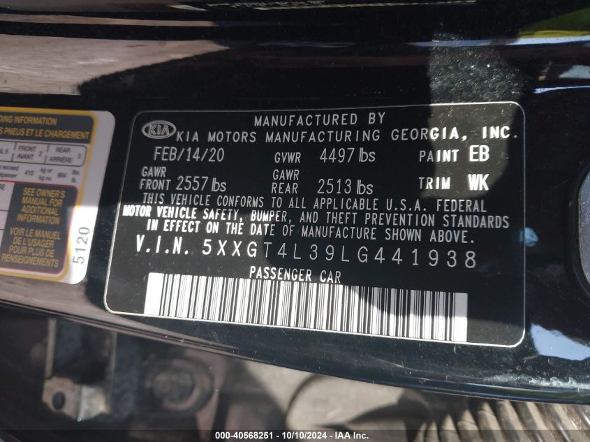 5XXGT4L39LG441938 2020 Kia Optima Lx