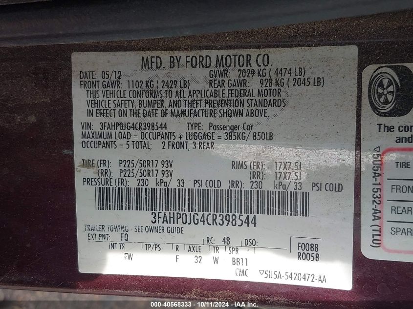 3FAHP0JG4CR398544 2012 Ford Fusion Sel