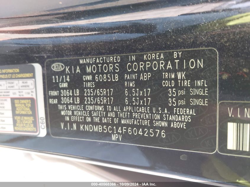 KNDMB5C14F6042576 2015 Kia Sedona Lx