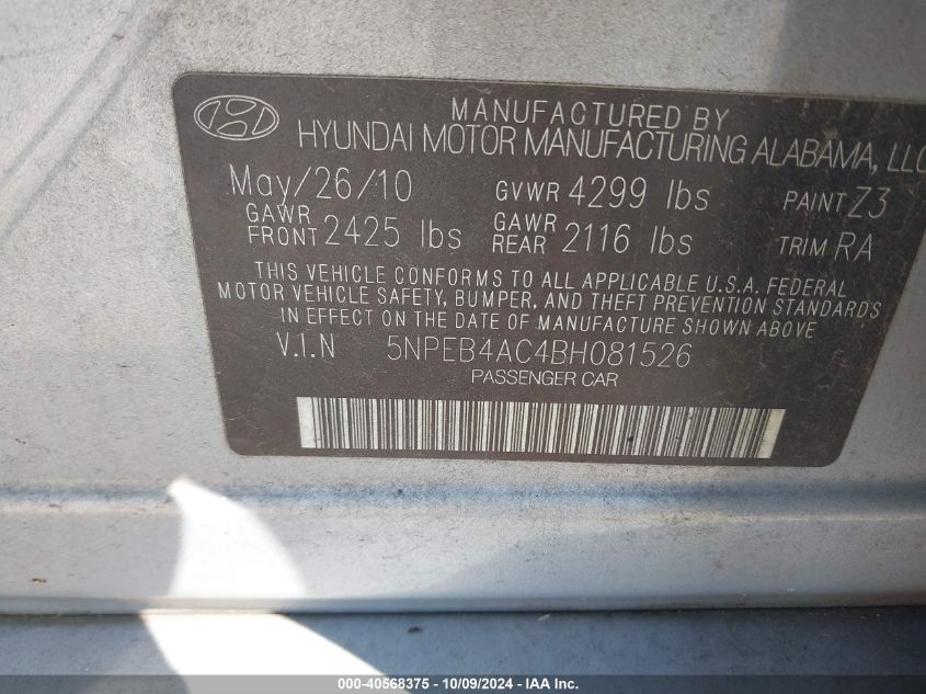 5NPEB4AC4BH081526 2011 Hyundai Sonata Gls