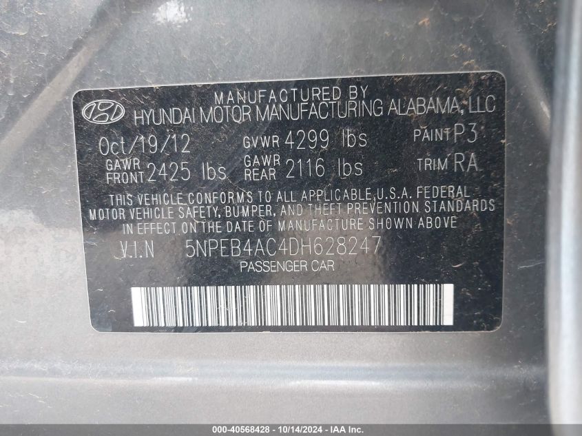 2013 Hyundai Sonata Gls VIN: 5NPEB4AC4DH628247 Lot: 40568428