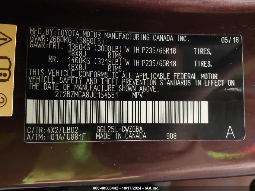 2018 Lexus Rx 350 VIN: 2T2BZMCA8JC154551 Lot: 40568442