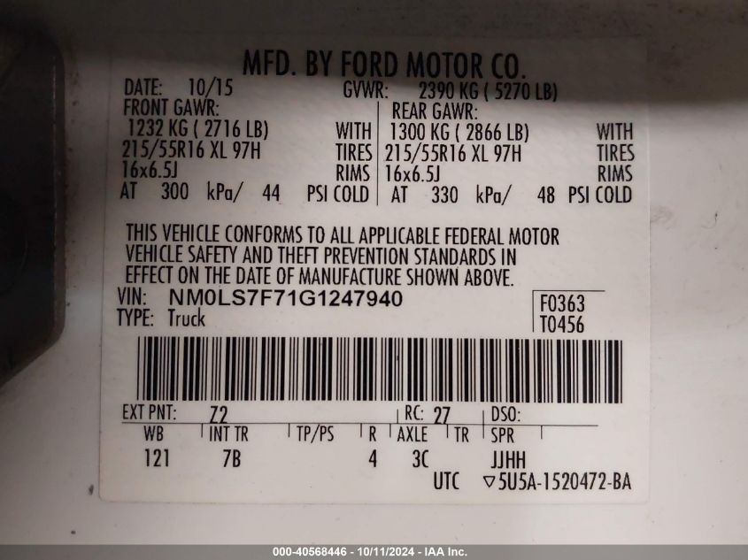 NM0LS7F71G1247940 2016 Ford Transit Connect Xlt