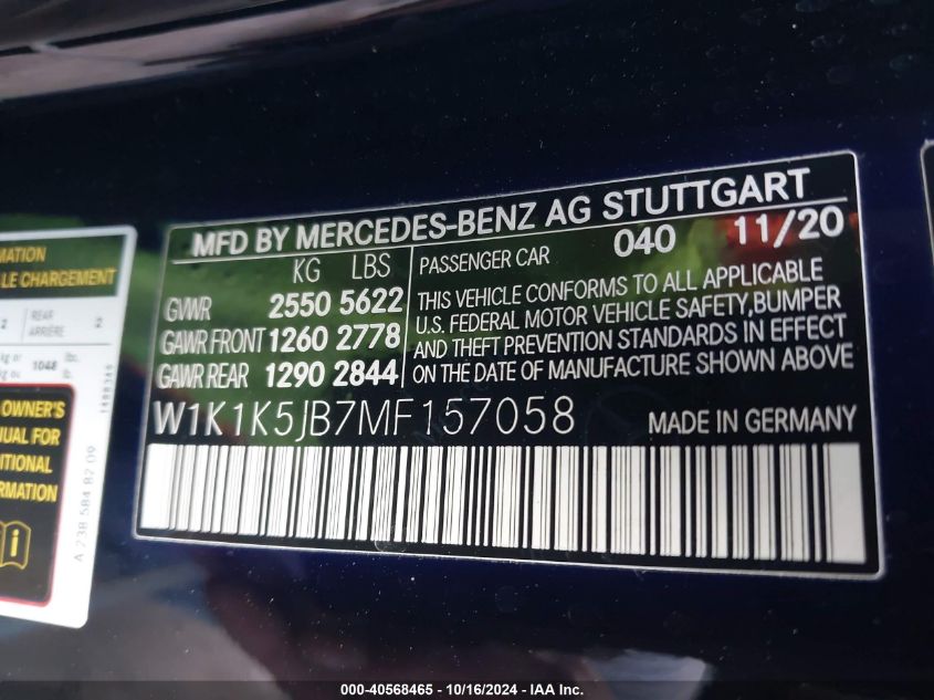 2021 Mercedes-Benz E 450 VIN: W1K1K5JB7MF157058 Lot: 40568465