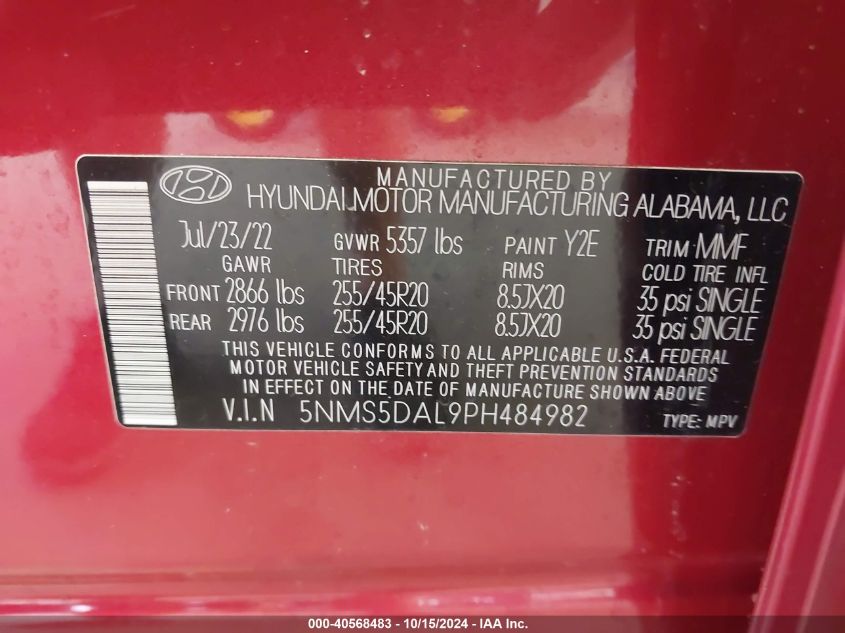 2023 Hyundai Santa Fe Calligraphy VIN: 5NMS5DAL9PH484982 Lot: 40568483