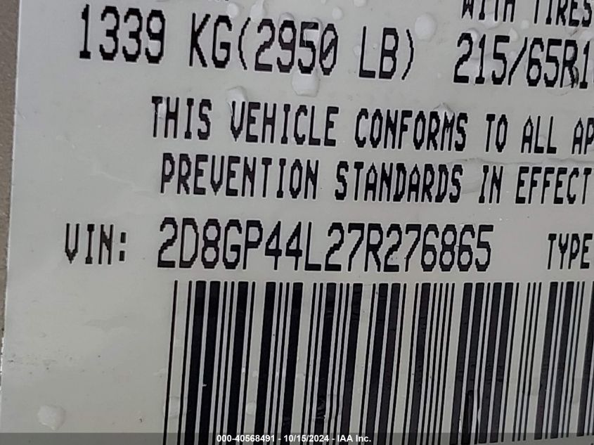 2007 Dodge Grand Caravan Sxt VIN: 2D8GP44L27R276865 Lot: 40568491