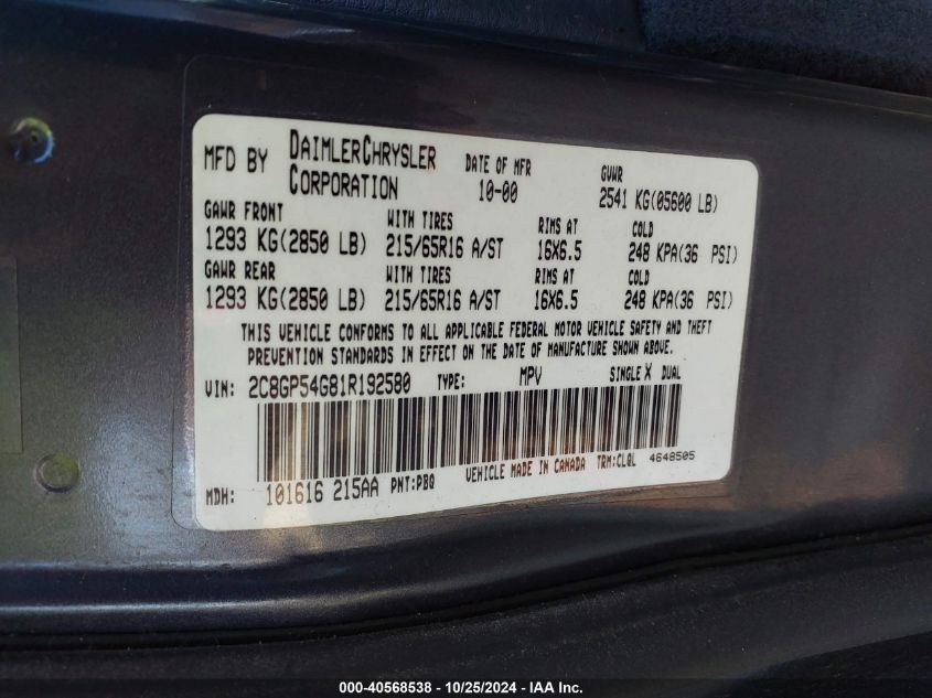 2C8GP54G81R192580 2001 Chrysler Town & Country Lxi