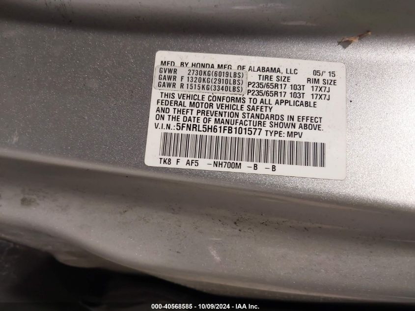 5FNRL5H61FB101577 2015 Honda Odyssey Ex-L