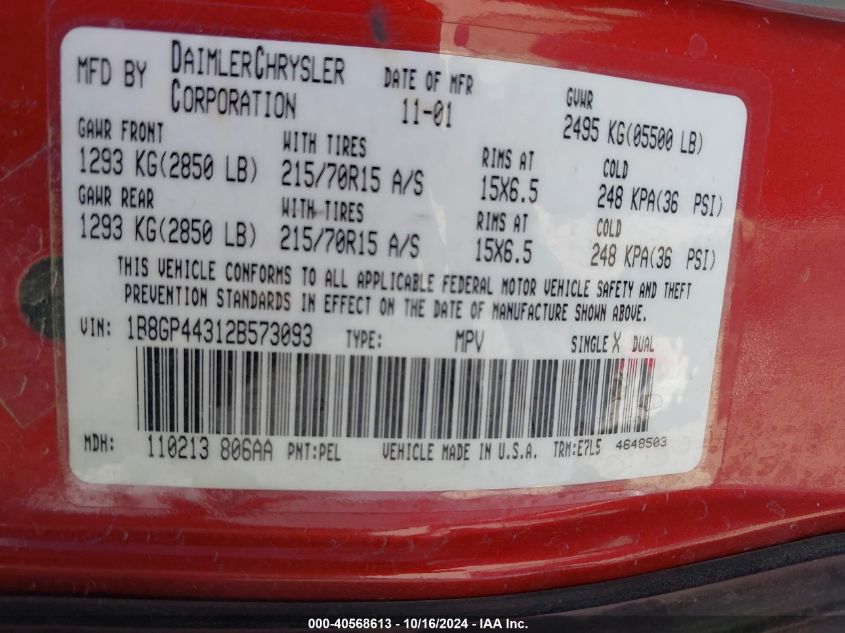 2002 Dodge Grand Caravan Sport VIN: 1B8GP44312B573093 Lot: 40568613