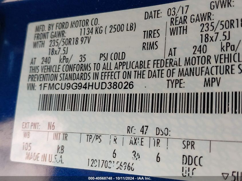 1FMCU9G94HUD38026 2017 Ford Escape Se