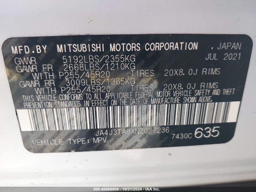 2022 Mitsubishi Outlander Es VIN: JA4J3TA8XNZ027236 Lot: 40568804