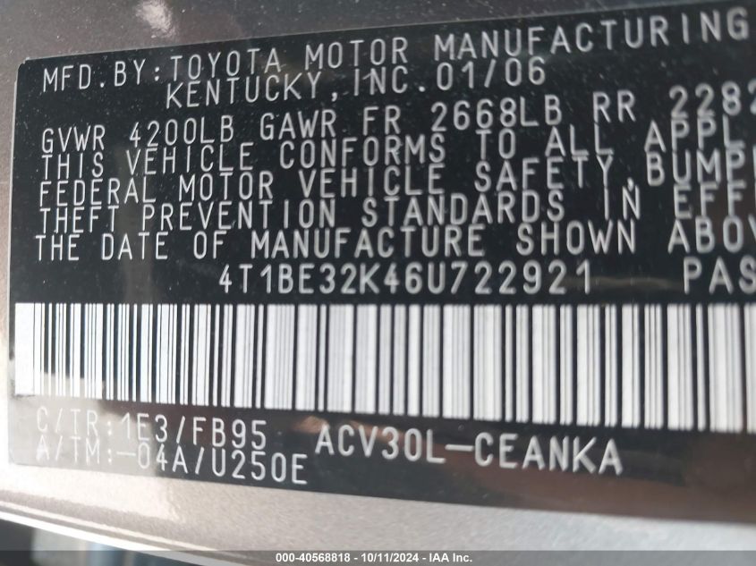 4T1BE32K46U722921 2006 Toyota Camry Le/Xle/Se