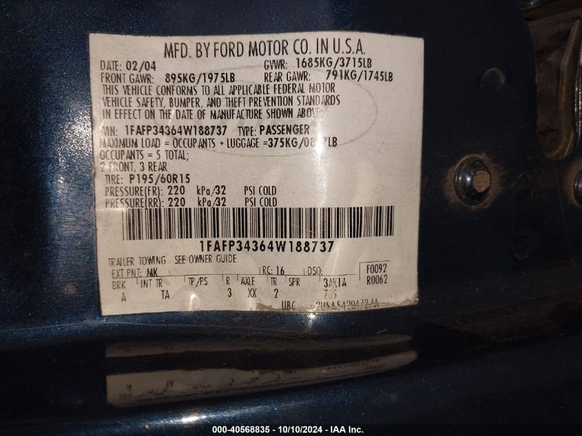 1FAFP34364W188737 2004 Ford Focus Se