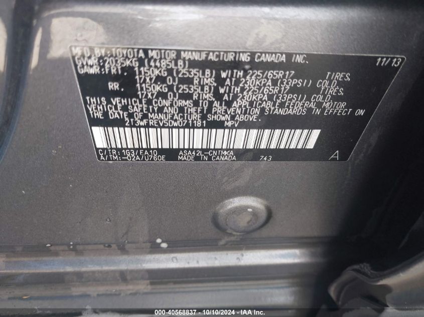 2T3WFREV5DW071181 2013 Toyota Rav4 Xle