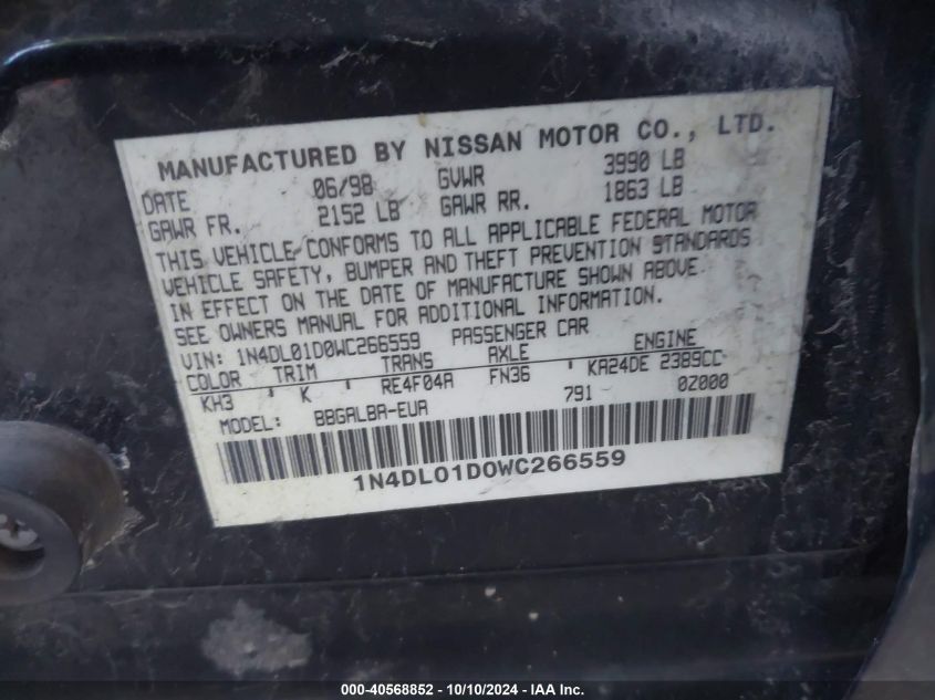 1998 Nissan Altima Gle/Gxe/Se/Xe VIN: 1N4DL01D0WC266559 Lot: 40568852