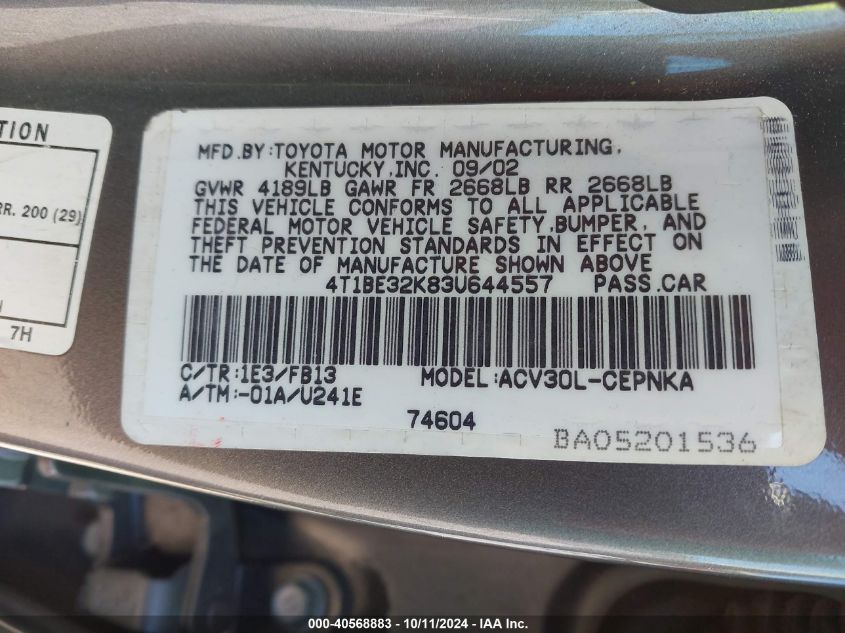 4T1BE32K83U644557 2003 Toyota Camry Le