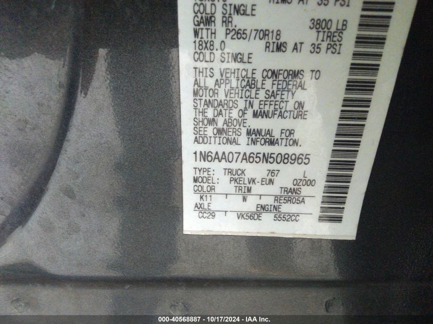 2005 Nissan Titan Le VIN: 1N6AA07A65N508965 Lot: 40568887