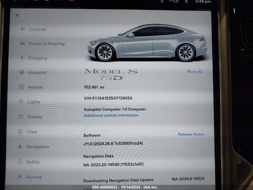 2016 Tesla Model S 60D/70D/75D/85D/90D VIN: 5YJSA1E25GF139056 Lot: 40568923