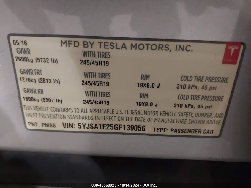 2016 Tesla Model S 60D/70D/75D/85D/90D VIN: 5YJSA1E25GF139056 Lot: 40568923