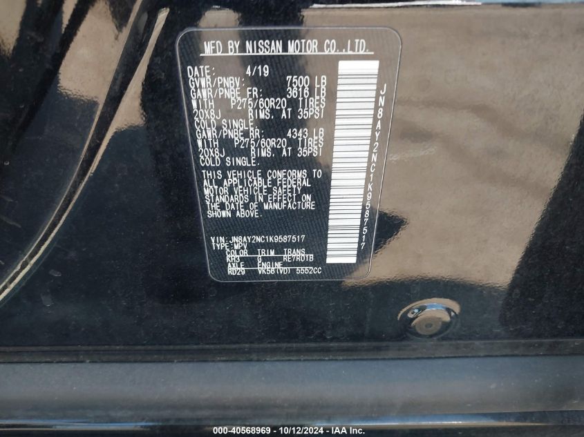 2019 Nissan Armada Sl VIN: JN8AY2NC1K9587517 Lot: 40568969