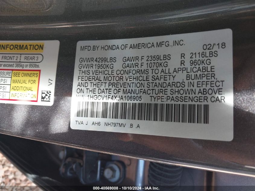 1HGCV1F4XJA106905 2018 Honda Accord Ex