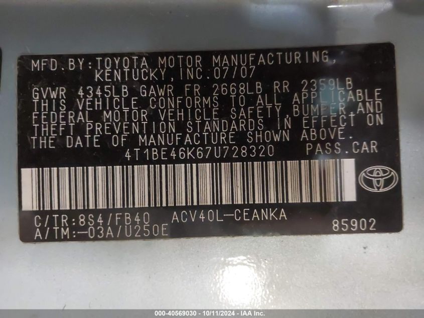 4T1BE46K67U728320 2007 Toyota Camry Ce/Le/Xle/Se