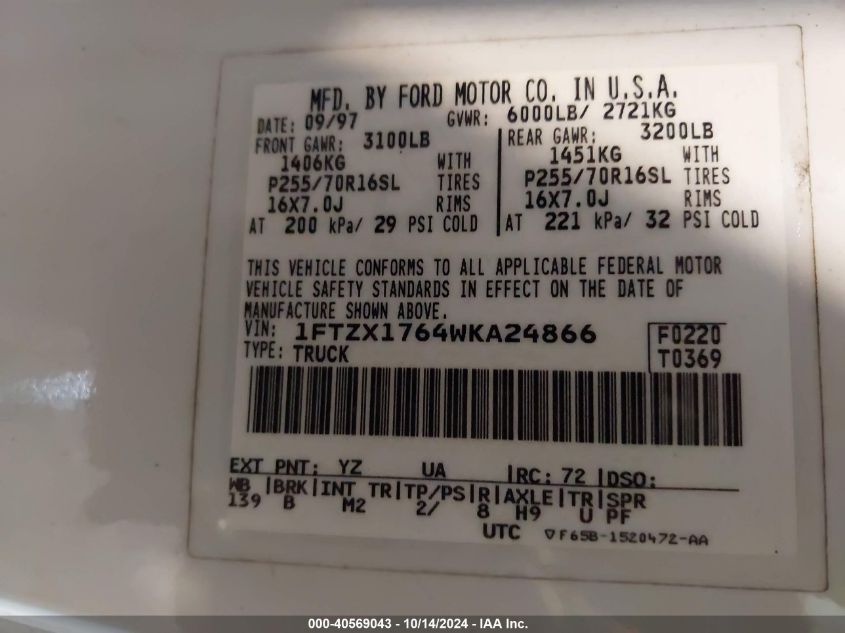 1998 Ford F-150 Lariat/Standard/Xl/Xlt VIN: 1FTZX1764WKA24866 Lot: 40569043