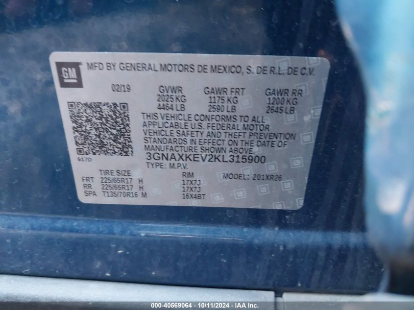 3GNAXKEV2KL315900 2019 Chevrolet Equinox Lt