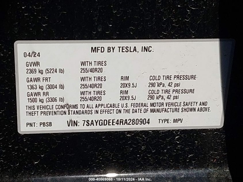 2024 Tesla Model Y VIN: 7SAYGDEE4RA280904 Lot: 40569068